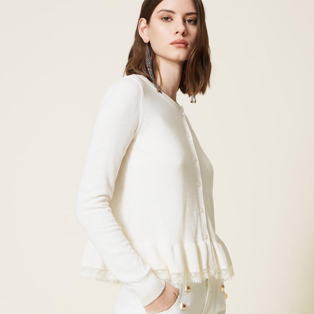 TWIN-SET cashmere blend cream sweater with ruffle trim